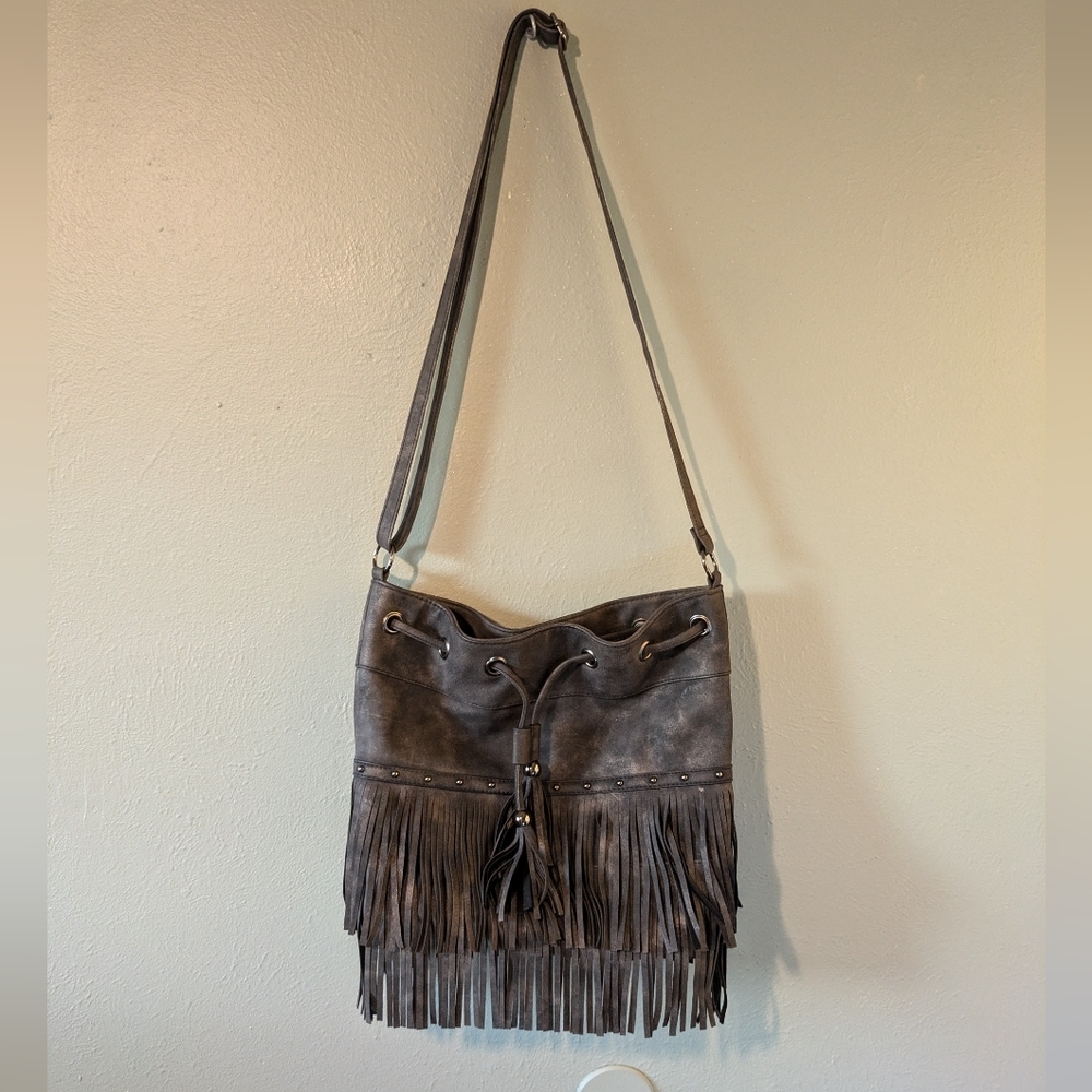 Fringe Faux Leather Hobo Bucket Bag